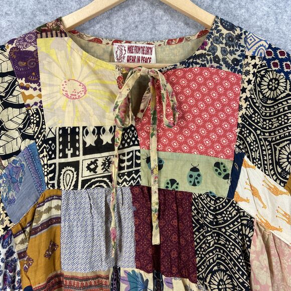 Gypsy Patchwork Peasant Boho Blouse Long Sleeve Tie Neck Multicolor Womens M/L - Picture 2 of 9